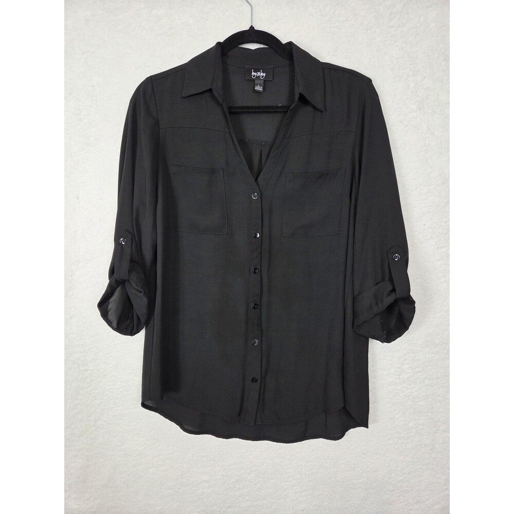 Womens Semi Sheer Top L Black Roll Tab Sleeve Button Front Blouse Casual Office‎